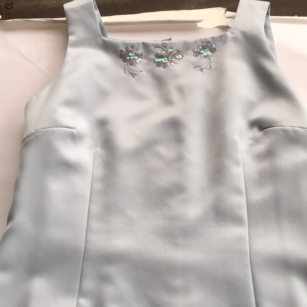 Vintage 90’s Floral Satin Sleeveless Square Neck Dress 14 Baby Spice Blue Y2k xl - Picture 12 of 17